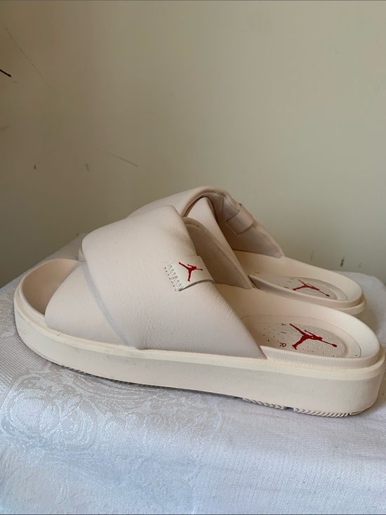 Jordan Shoes - Jordan Women's Pale Pink Crossover Slide Sandals with Red Logo